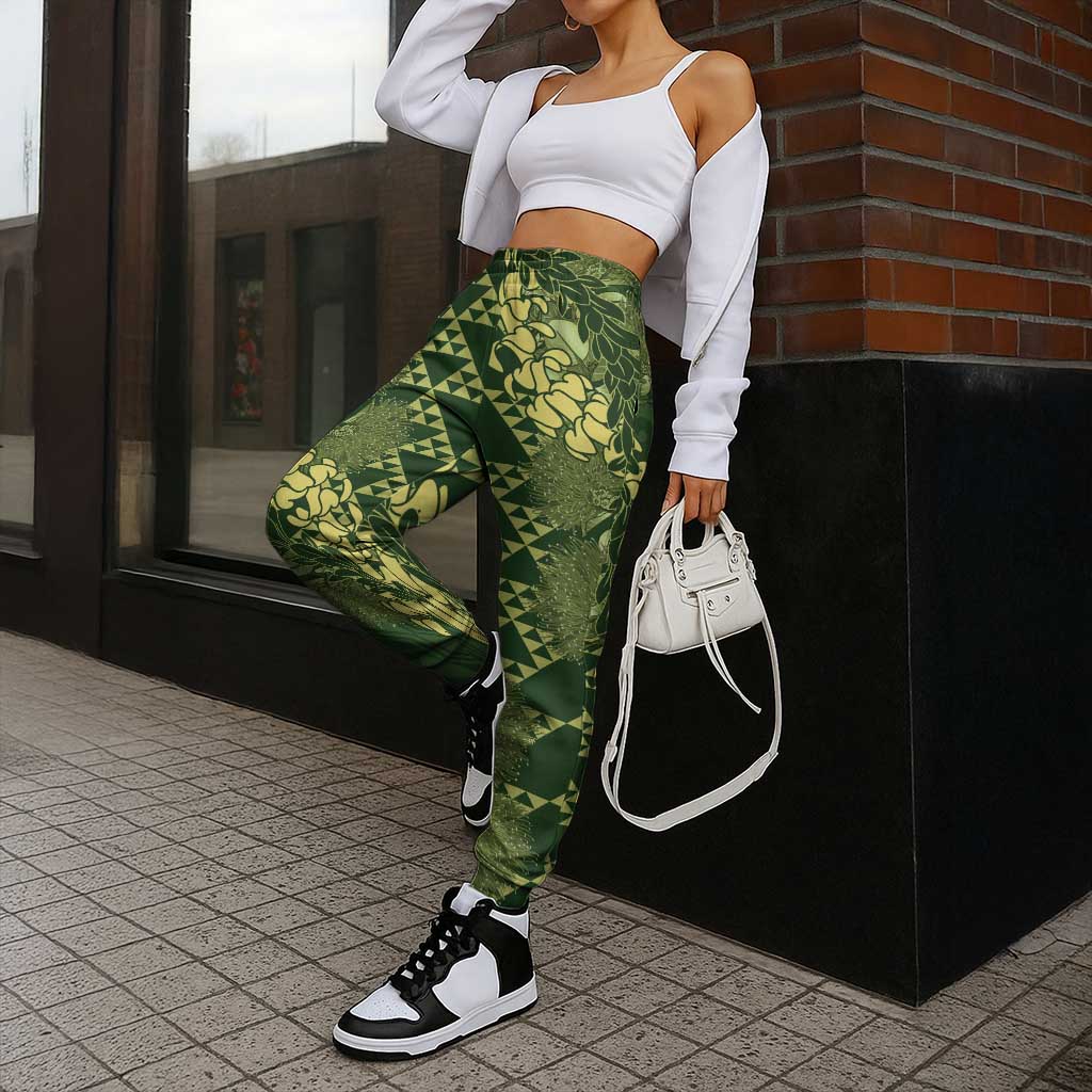 Green Aloha Hawaii Jogger Pants Hawaiian Kakau Ohia Lehua Lei - Polynesian Pride