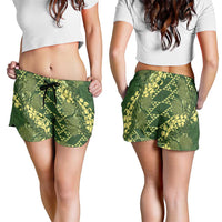 Green Aloha Hawaii Shorts for Women Hawaiian Kakau Ohia Lehua Lei LT14 - Polynesian Pride