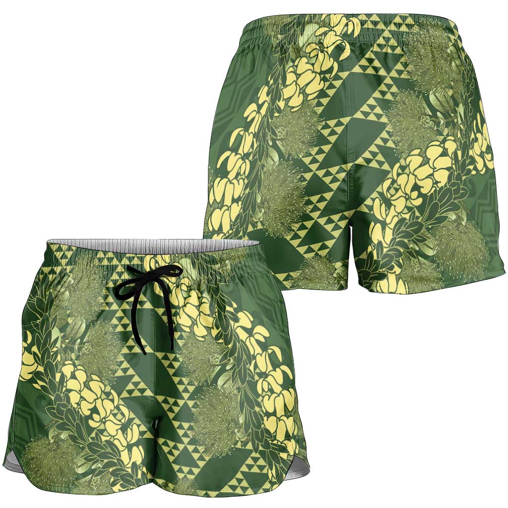 Green Aloha Hawaii Shorts for Women Hawaiian Kakau Ohia Lehua Lei LT14 - Polynesian Pride