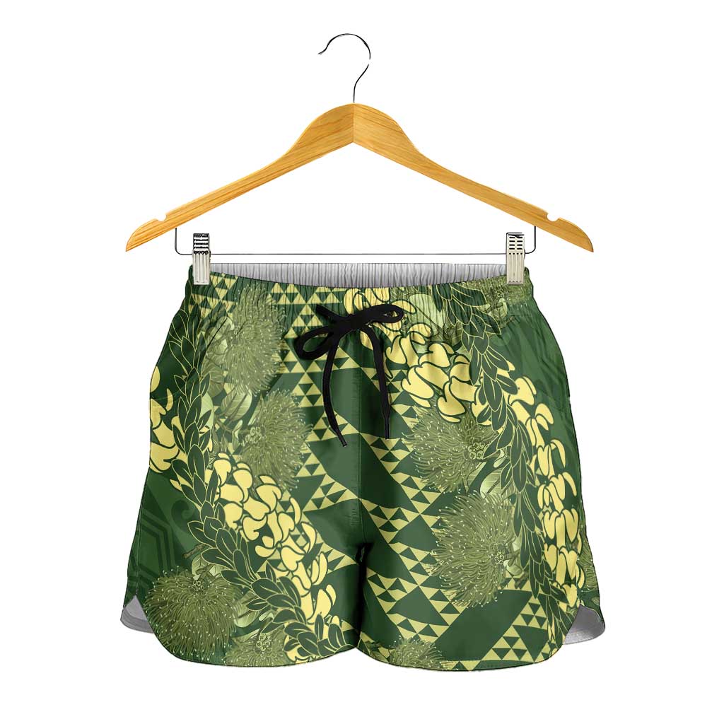 Green Aloha Hawaii Shorts for Women Hawaiian Kakau Ohia Lehua Lei LT14 - Polynesian Pride