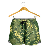 Green Aloha Hawaii Shorts for Women Hawaiian Kakau Ohia Lehua Lei LT14 - Polynesian Pride