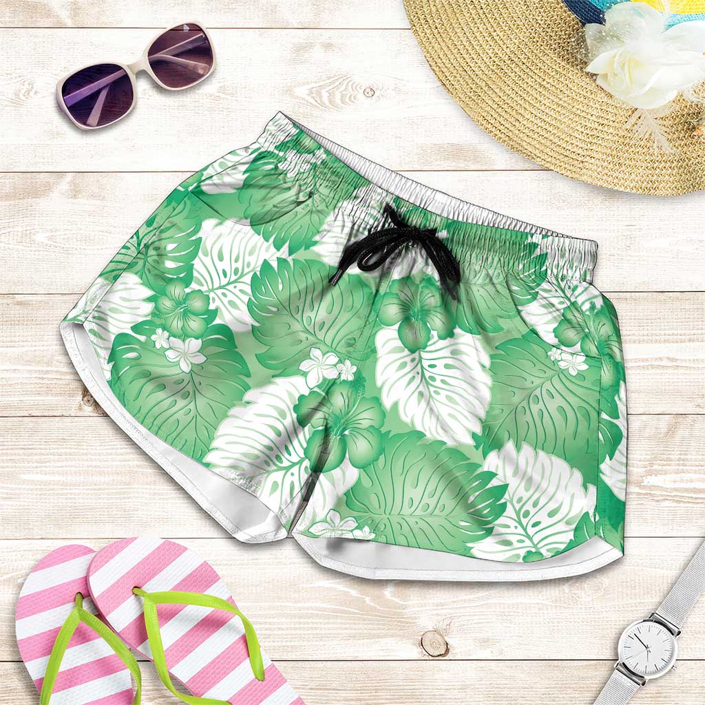 Green Aloha Hawaii Shorts for Women Monstera Hibiscus Plumeria Seamless Vibes LT14 Green - Polynesian Pride