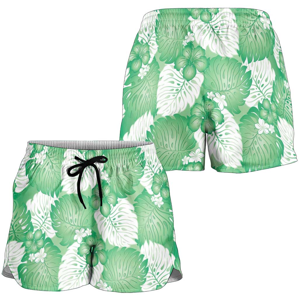 Green Aloha Hawaii Shorts for Women Monstera Hibiscus Plumeria Seamless Vibes LT14 - Polynesian Pride