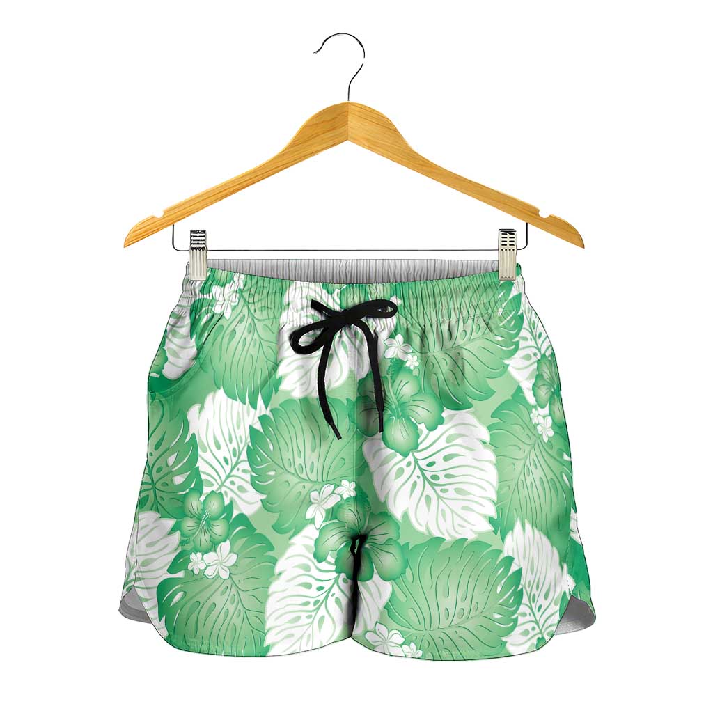 Green Aloha Hawaii Shorts for Women Monstera Hibiscus Plumeria Seamless Vibes LT14 - Polynesian Pride