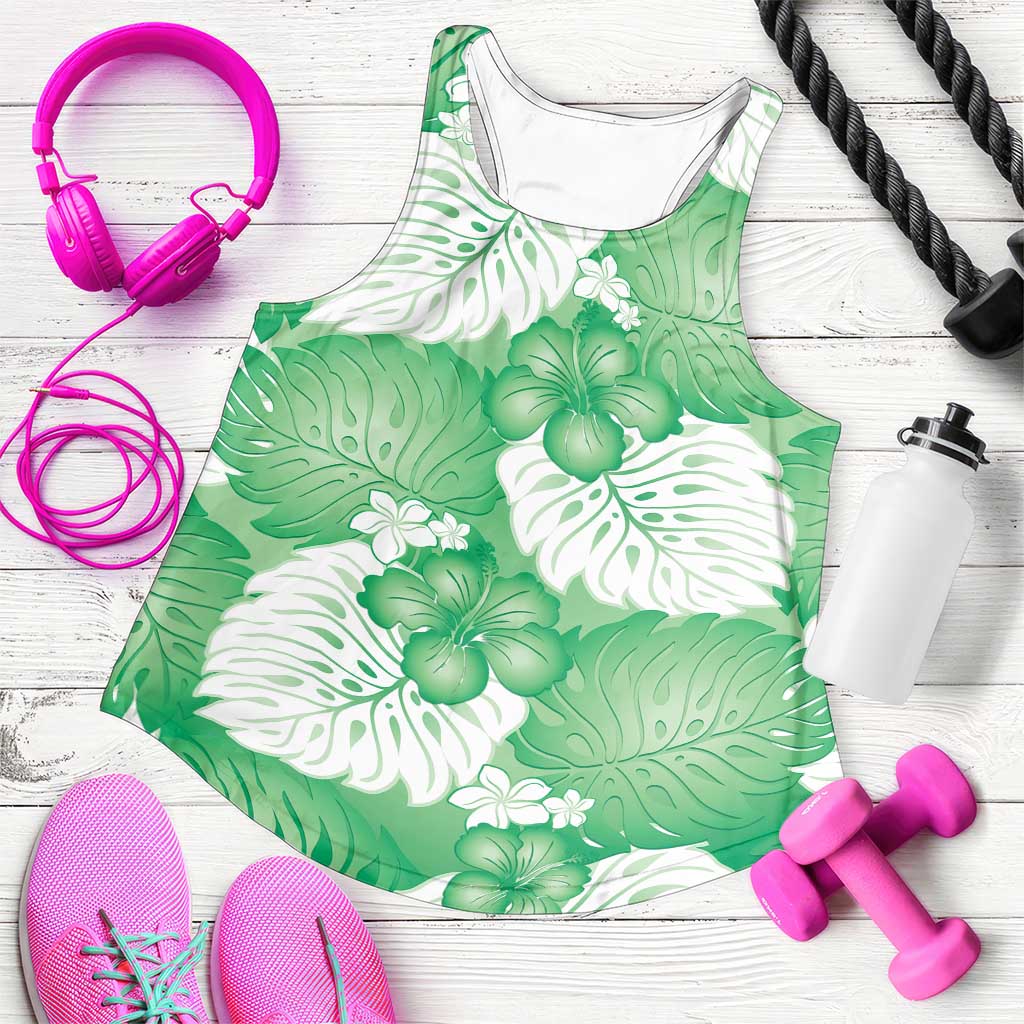 Green Aloha Hawaii Women Racerback Tank Monstera Hibiscus Plumeria Seamless Vibes LT14 Green - Polynesian Pride