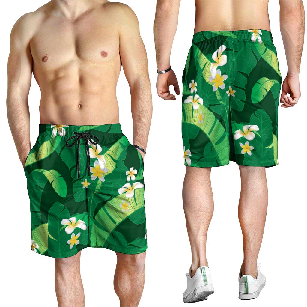 Green Banana Leaf Hawaii Shorts for Men Lau Maia Plumeria Tropical Summer Vibes LT14 - Polynesian Pride