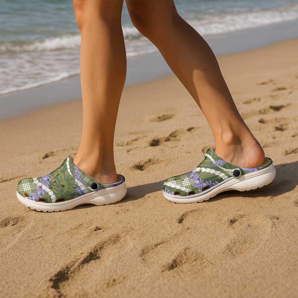 Green Hawaii Palaka Honohono Pikake Clogs Shoes Hawaiian Orchid Lei Polynesian Pattern LT14 - Polynesian Pride