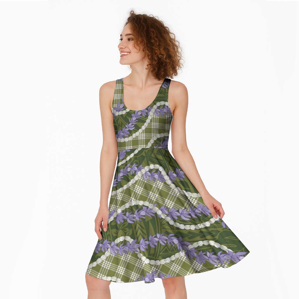 Green Hawaii Palaka Honohono Pikake Midi Dress Hawaiian Orchid Lei Polynesian Pattern - Polynesian Pride