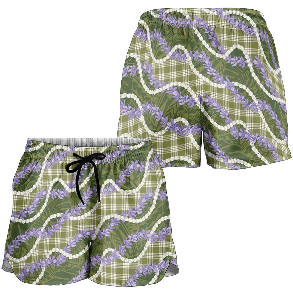 Green Hawaii Palaka Honohono Pikake Shorts for Women Hawaiian Orchid Lei Polynesian Pattern LT14 - Polynesian Pride