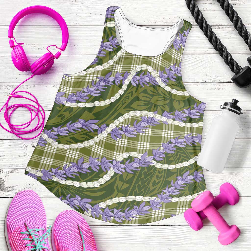 Green Hawaii Palaka Honohono Pikake Women Racerback Tank Hawaiian Orchid Lei Polynesian Pattern LT14 Green - Polynesian Pride