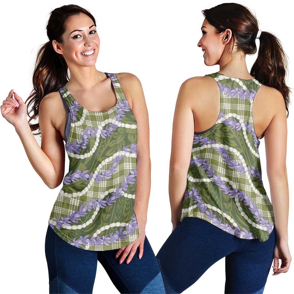 Green Hawaii Palaka Honohono Pikake Women Racerback Tank Hawaiian Orchid Lei Polynesian Pattern LT14 - Polynesian Pride