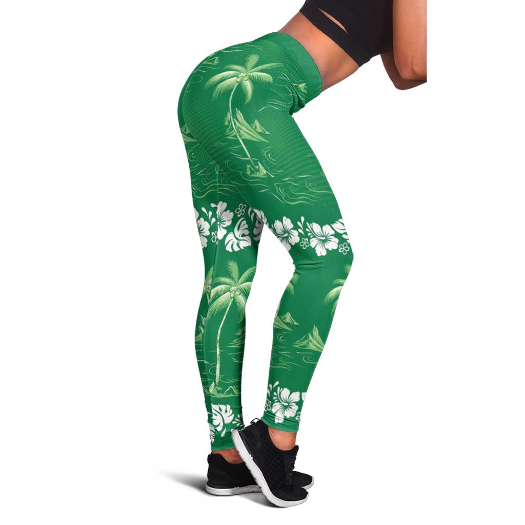 Green Hawaii Palm Tree Hibiscus Leggings Fantasy Summer Vibe