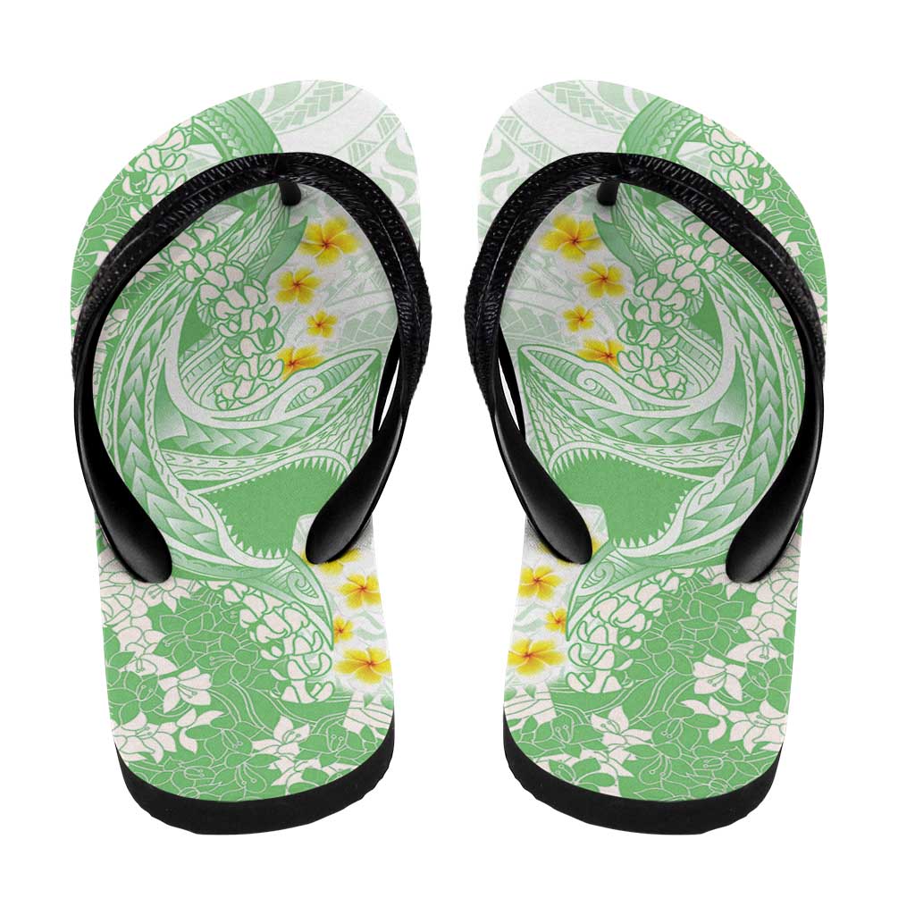 Green Hawaii Shark Tattoo Flip Flops Puakenikeni Lei Plumeria Polynesian Pattern