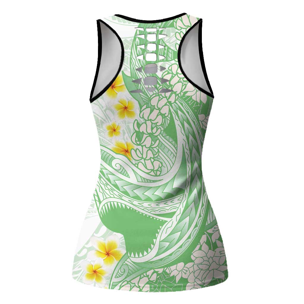 Green Hawaii Shark Tattoo Hollow Tank Top Puakenikeni Lei Plumeria Polynesian Pattern
