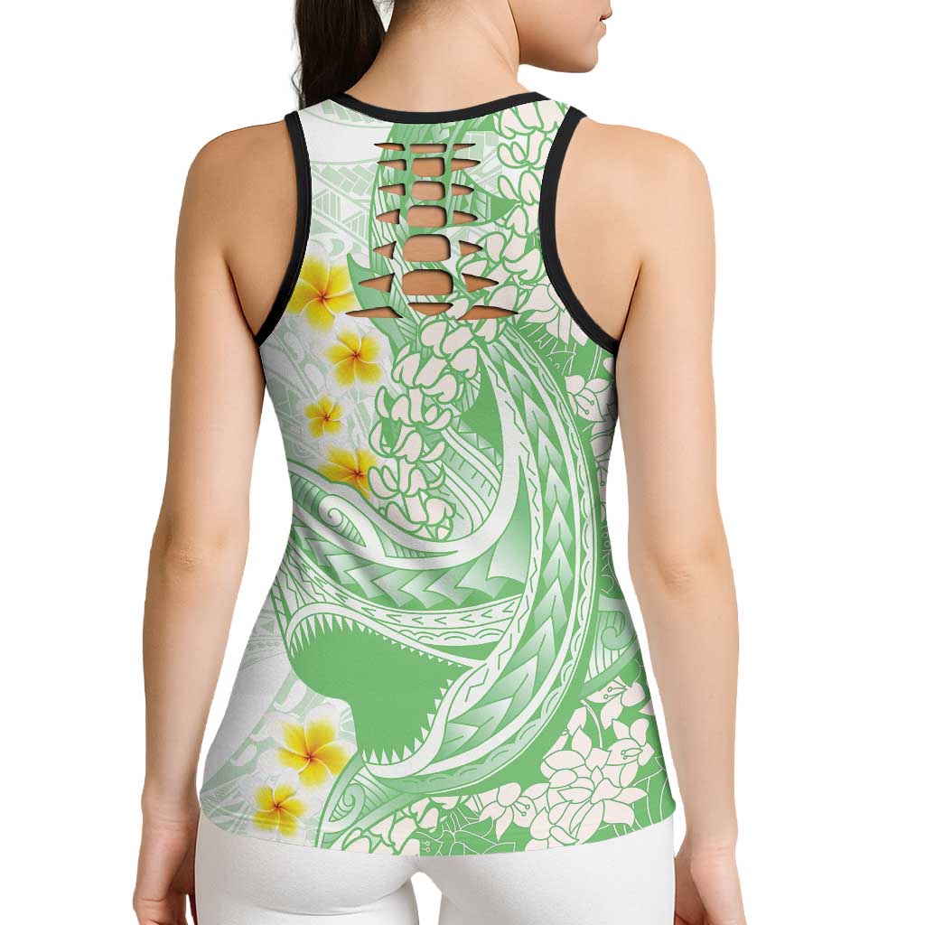 Green Hawaii Shark Tattoo Hollow Tank Top Puakenikeni Lei Plumeria Polynesian Pattern
