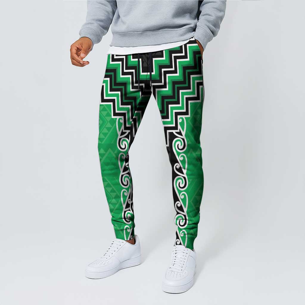 Green Niho Taniwha Mix Poutama Jogger Pants Unique Taniko Aotearoa - Polynesian Pride