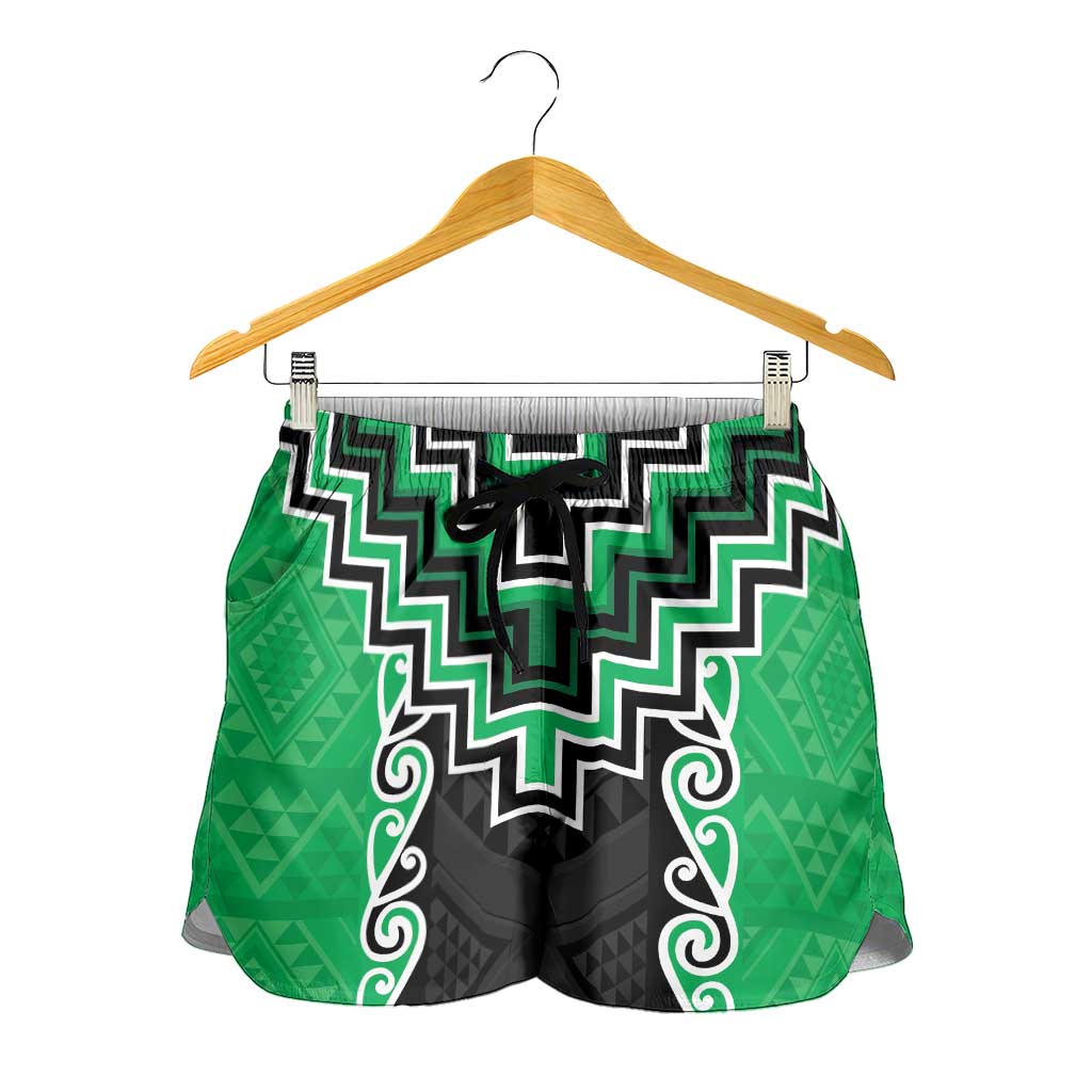Green Niho Taniwha Mix Poutama Shorts for Women Unique Taniko Aotearoa - Polynesian Pride