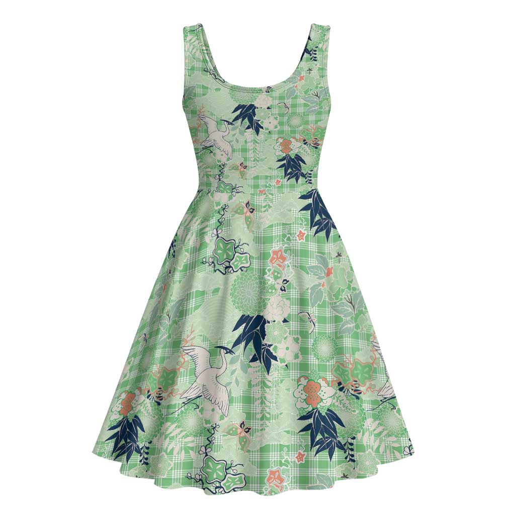 Green Palaka Crane and Flowers Midi Dress Japan Heritage Spirit LT9 - Polynesian Pride