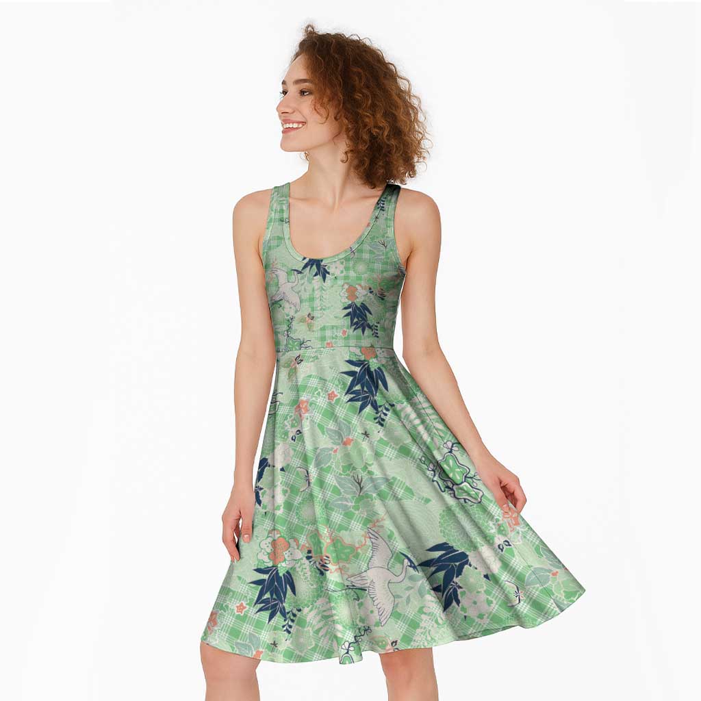 Green Palaka Crane and Flowers Midi Dress Japan Heritage Spirit LT9 - Polynesian Pride