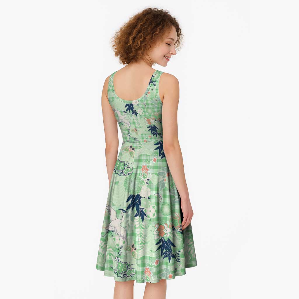 Green Palaka Crane and Flowers Midi Dress Japan Heritage Spirit LT9 - Polynesian Pride