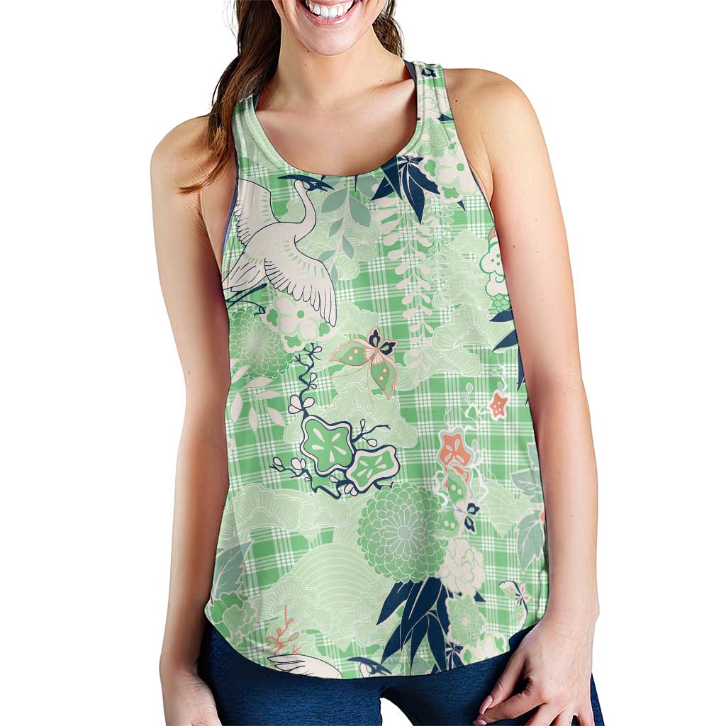 Green Palaka Crane and Flowers Women Racerback Tank Japan Heritage Spirit LT9 - Polynesian Pride