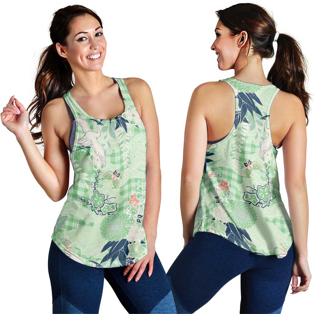 Green Palaka Crane and Flowers Women Racerback Tank Japan Heritage Spirit LT9 - Polynesian Pride