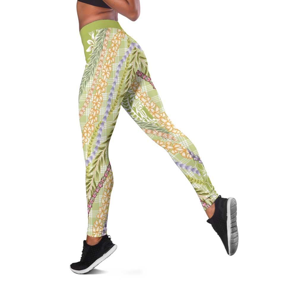 Green Palaka Hawaii Leis Leggings Hawaiian-plaid Elegant Tropical Vibes - Polynesian Pride