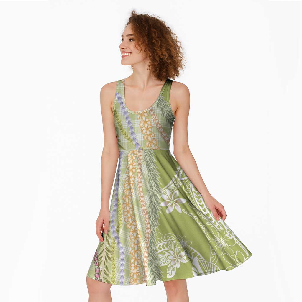 Green Palaka Hawaii Leis Midi Dress Hawaiian-plaid Elegant Tropical Vibes - Polynesian Pride