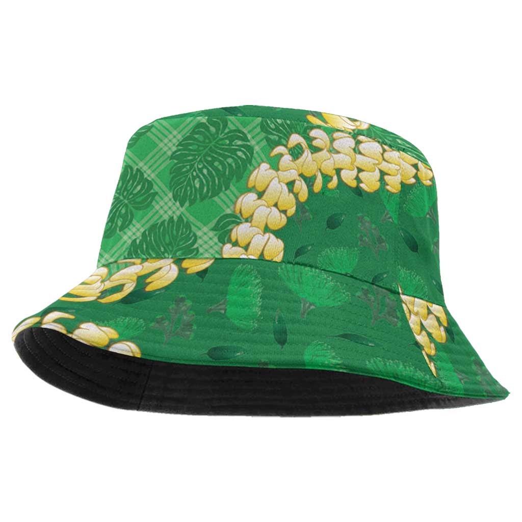 Green Palaka Hawaii Mele Kalikimaka Bucket Hat Ohia Lehua Monstera Puakenikeni Lei LT14 One Size Green - Polynesian Pride