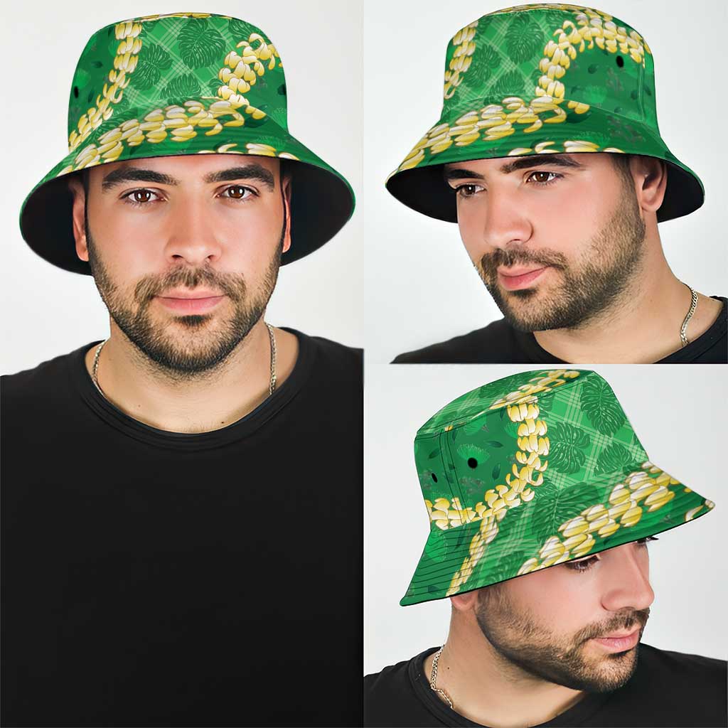 Green Palaka Hawaii Mele Kalikimaka Bucket Hat Ohia Lehua Monstera Puakenikeni Lei LT14 - Polynesian Pride