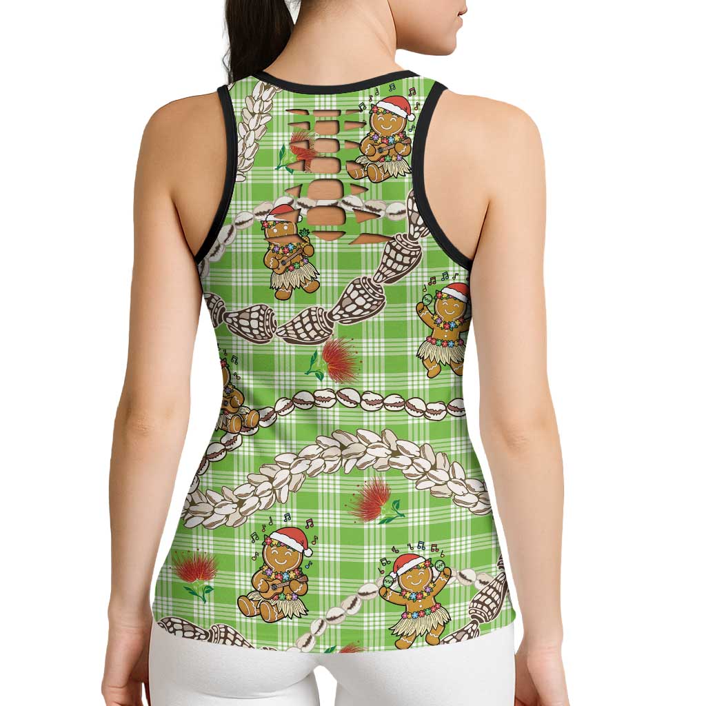Green Palaka Hawaii Mele Kalikimaka Hollow Tank Top Ohia Lehua Shell Leis Funny Gingerbread Santa LT14 - Polynesian Pride