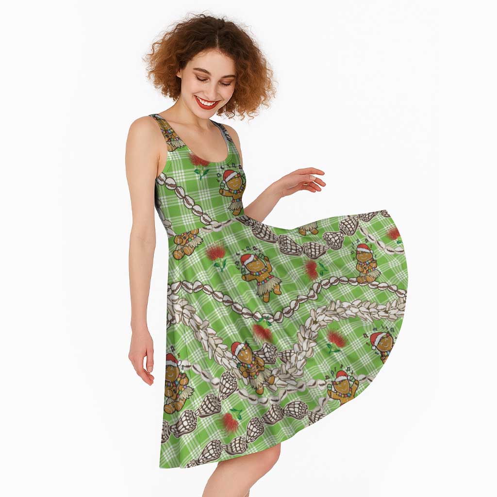 Green Palaka Hawaii Mele Kalikimaka Midi Dress Ohia Lehua Shell Leis Funny Gingerbread Santa LT14 - Polynesian Pride