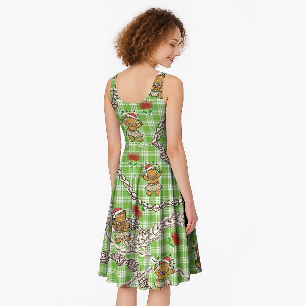 Green Palaka Hawaii Mele Kalikimaka Midi Dress Ohia Lehua Shell Leis Funny Gingerbread Santa LT14 - Polynesian Pride