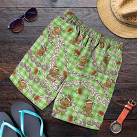 Green Palaka Hawaii Mele Kalikimaka Shorts for Men Ohia Lehua Shell Leis Funny Gingerbread Santa LT14 Green - Polynesian Pride