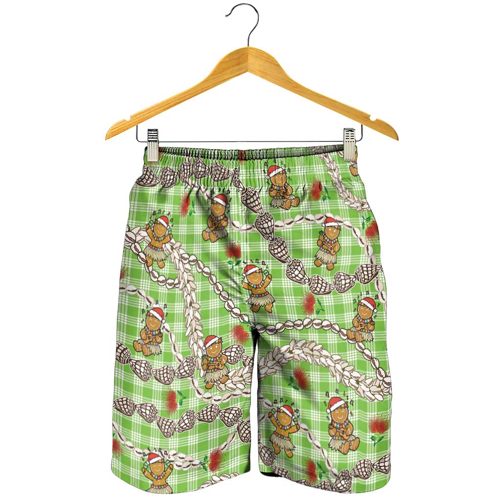 Green Palaka Hawaii Mele Kalikimaka Shorts for Men Ohia Lehua Shell Leis Funny Gingerbread Santa LT14 - Polynesian Pride
