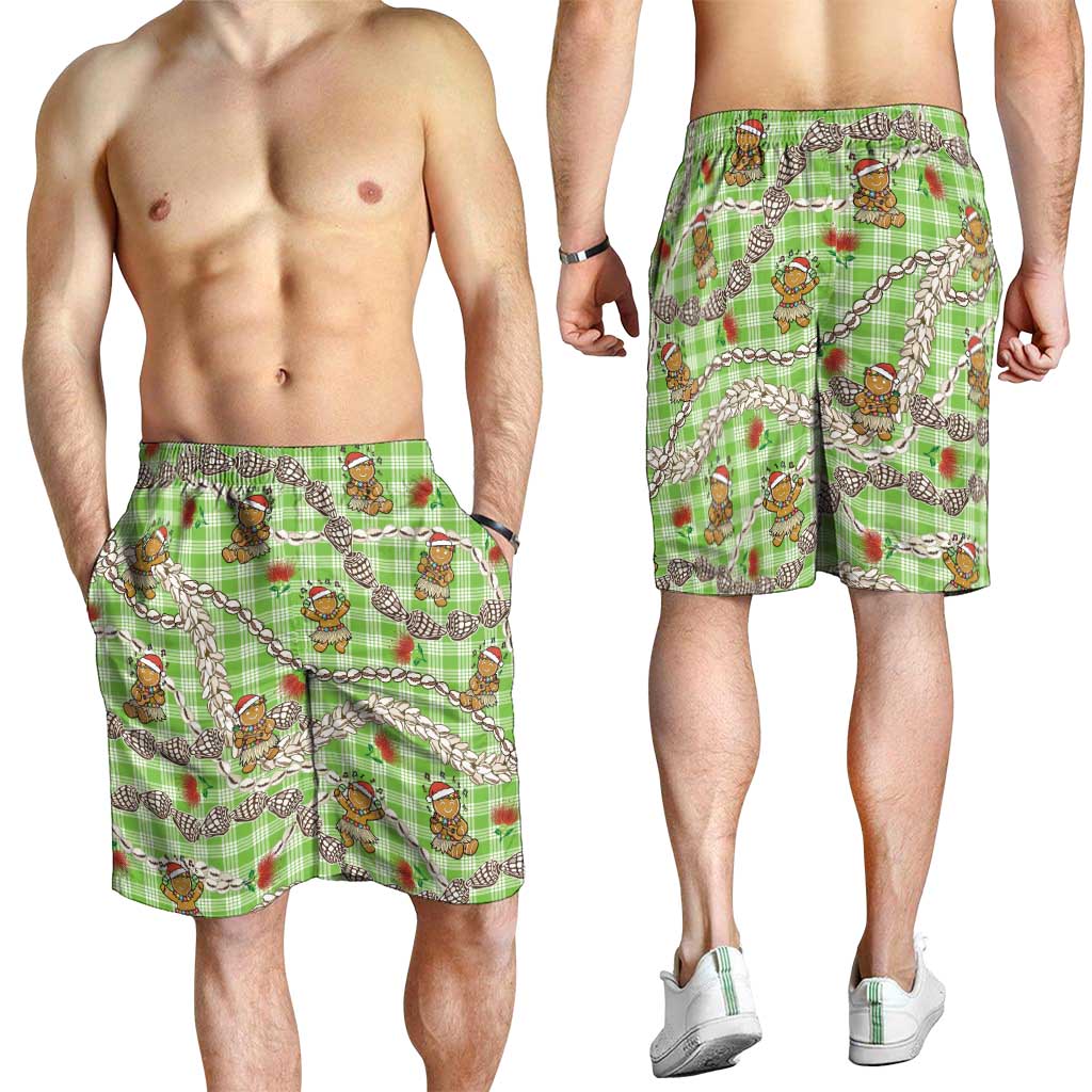 Green Palaka Hawaii Mele Kalikimaka Shorts for Men Ohia Lehua Shell Leis Funny Gingerbread Santa LT14 - Polynesian Pride