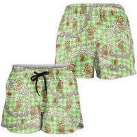 Green Palaka Hawaii Mele Kalikimaka Shorts for Women Ohia Lehua Shell Leis Funny Gingerbread Santa LT14 - Polynesian Pride