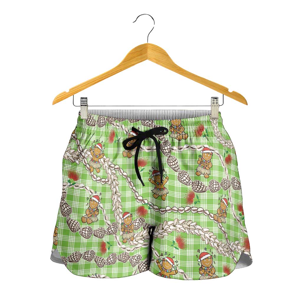 Green Palaka Hawaii Mele Kalikimaka Shorts for Women Ohia Lehua Shell Leis Funny Gingerbread Santa LT14 - Polynesian Pride