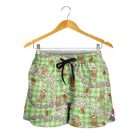 Green Palaka Hawaii Mele Kalikimaka Shorts for Women Ohia Lehua Shell Leis Funny Gingerbread Santa LT14 - Polynesian Pride