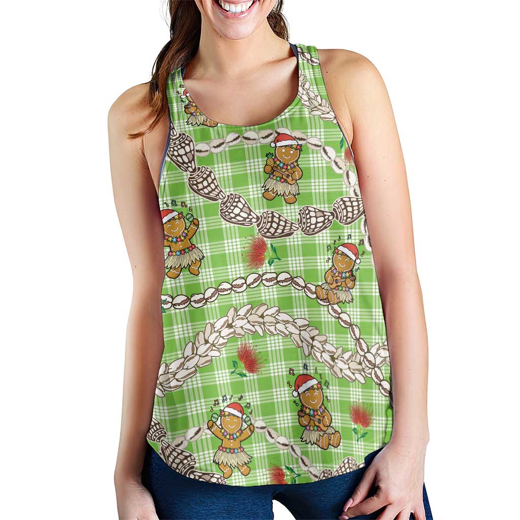 Green Palaka Hawaii Mele Kalikimaka Women Racerback Tank Ohia Lehua Shell Leis Funny Gingerbread Santa LT14 - Polynesian Pride