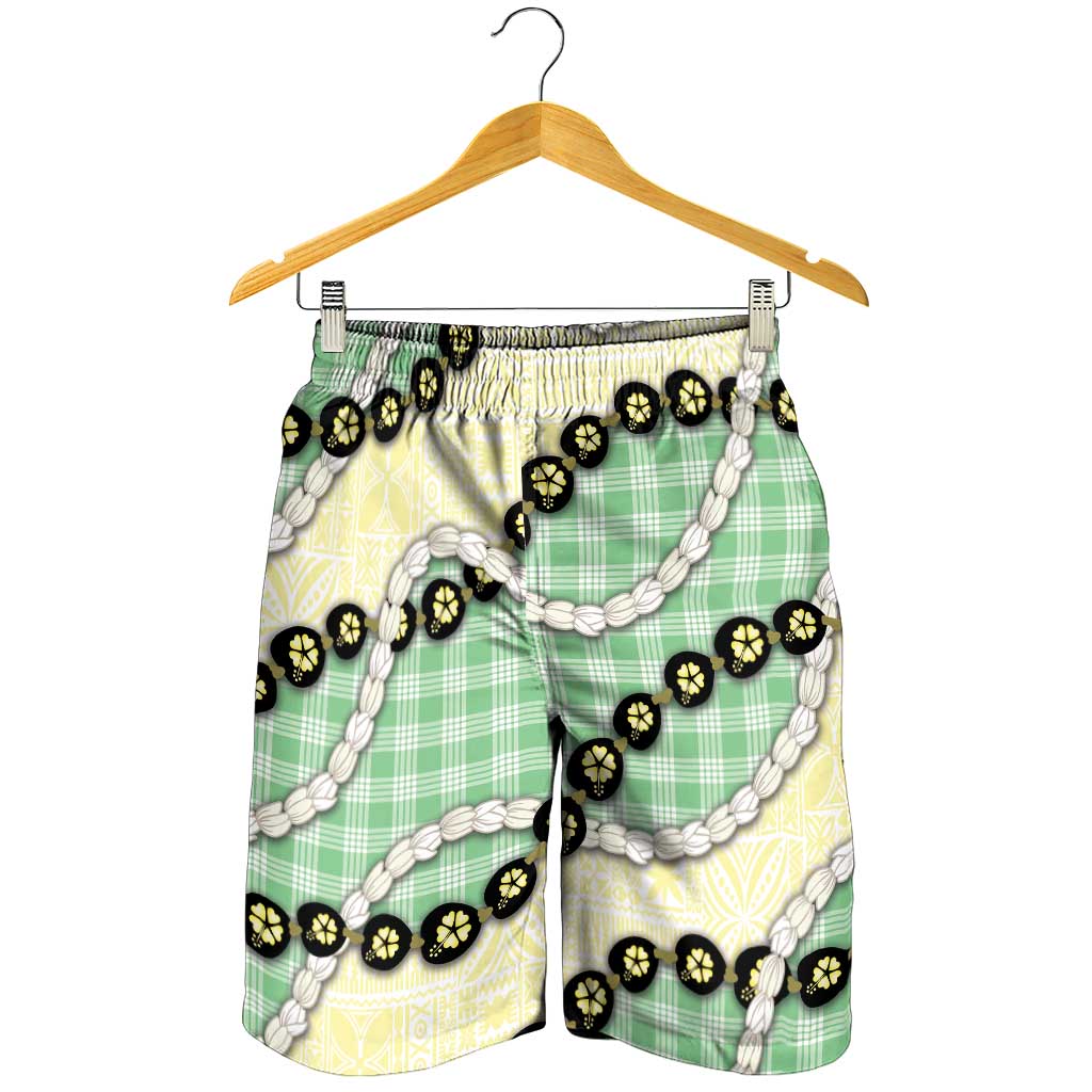 Green Palaka Hawaii Shorts for Men Kukui Nut Pikake Lei Hawaiian Tapa Pattern - Polynesian Pride