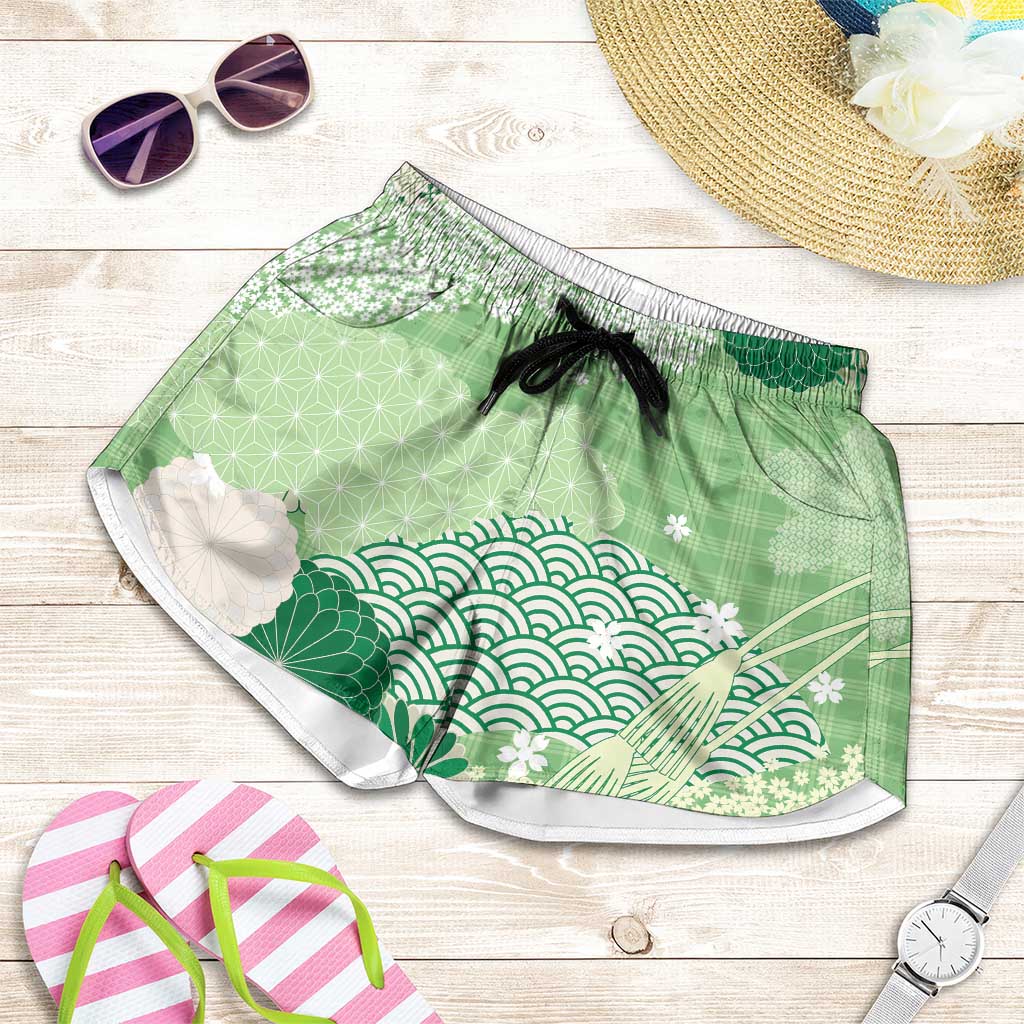 Green Palaka Japanese Traditional Shorts for Women Asanoha Seigaiha Sakura Motif LT14 Green - Polynesian Pride