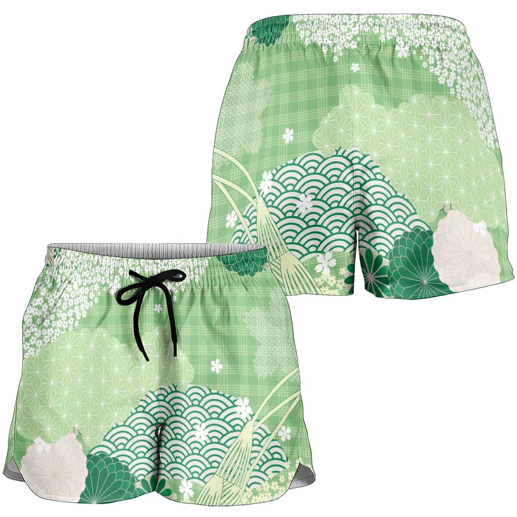 Green Palaka Japanese Traditional Shorts for Women Asanoha Seigaiha Sakura Motif LT14 - Polynesian Pride