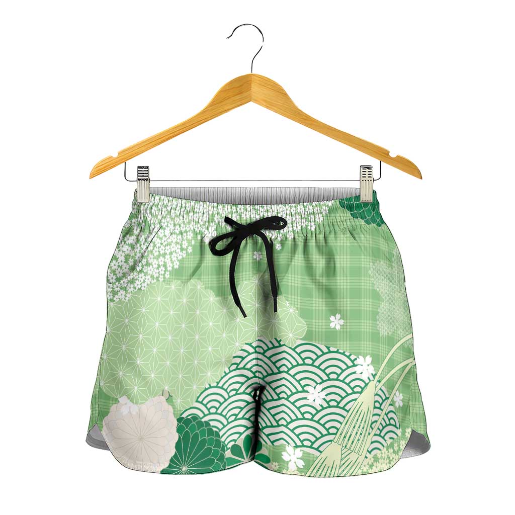 Green Palaka Japanese Traditional Shorts for Women Asanoha Seigaiha Sakura Motif LT14 - Polynesian Pride