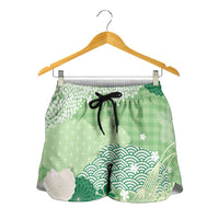 Green Palaka Japanese Traditional Shorts for Women Asanoha Seigaiha Sakura Motif LT14 - Polynesian Pride
