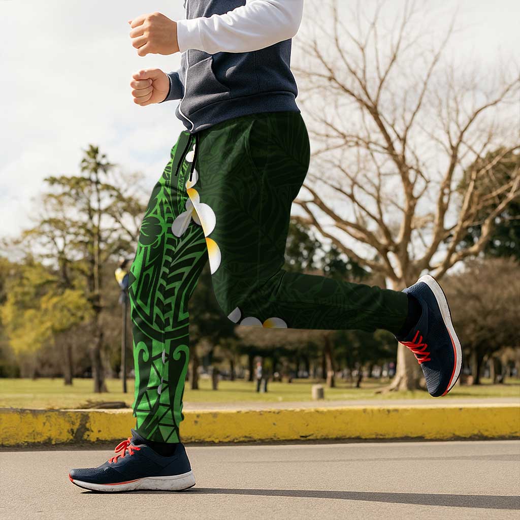 Green Polynesia Jogger Pants Plumeria Tropical Leaves With Galaxy Polynesian Art - Polynesian Pride