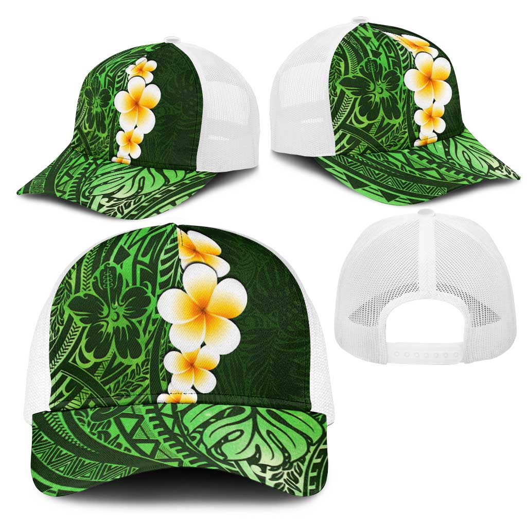 Green Polynesia Mesh Trucker Cap Plumeria Tropical Leaves With Galaxy Polynesian Art - Polynesian Pride