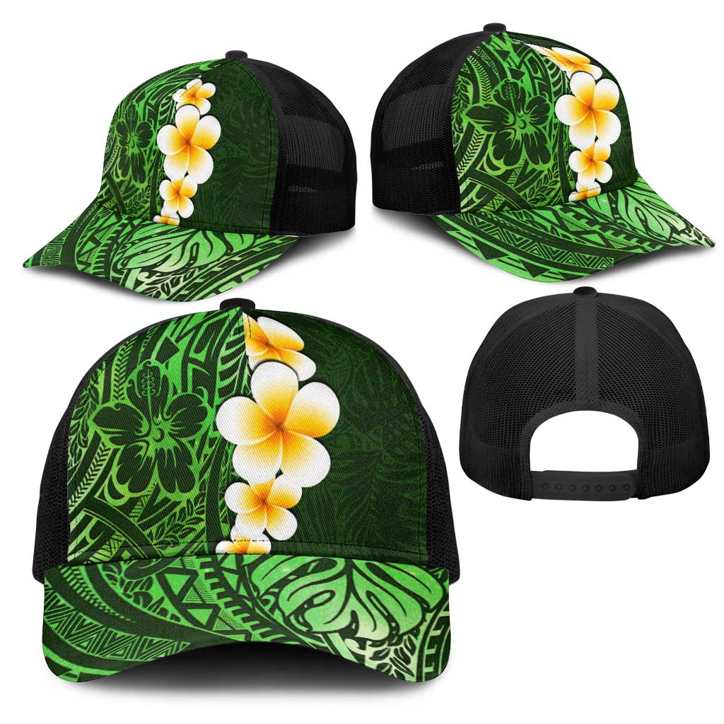Green Polynesia Mesh Trucker Cap Plumeria Tropical Leaves With Galaxy Polynesian Art - Polynesian Pride