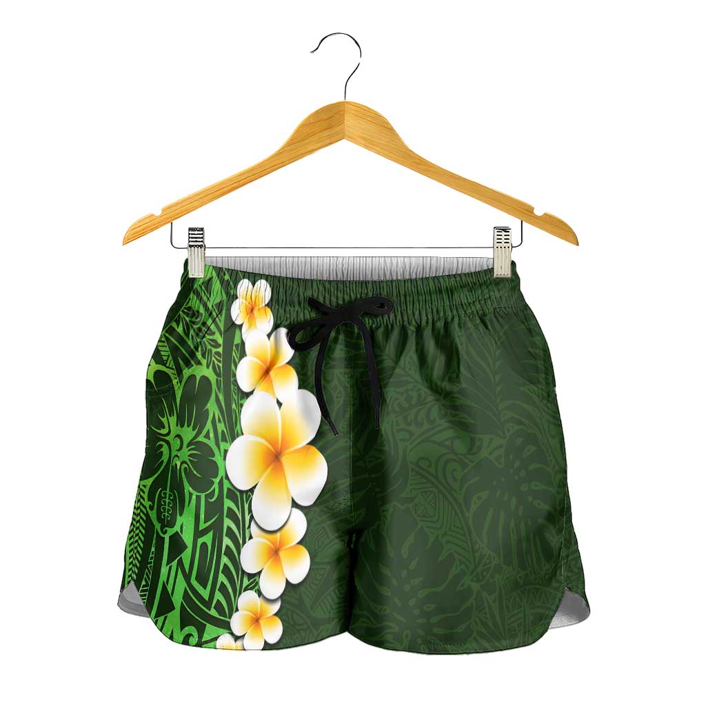 Green Polynesia Shorts for Women Plumeria Tropical Leaves With Galaxy Polynesian Art - Polynesian Pride