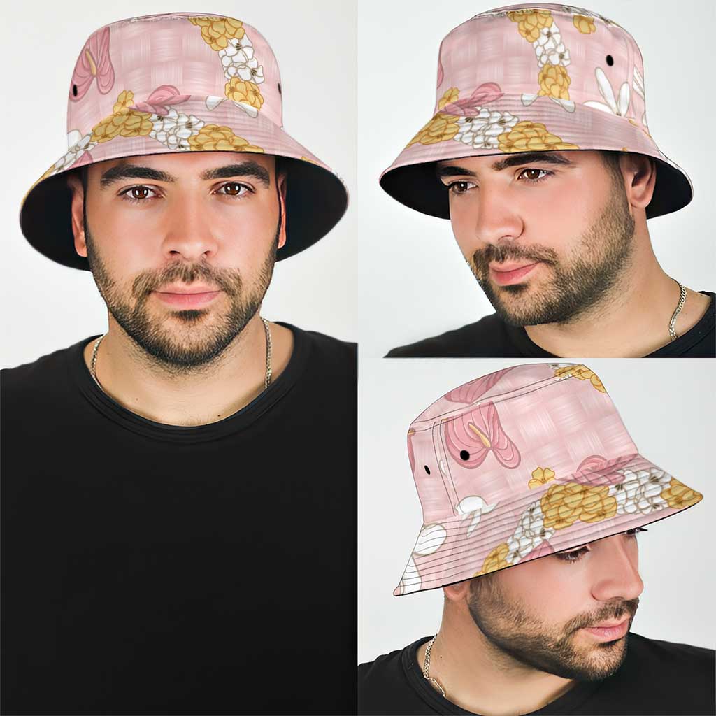 Hawaii Anthurium Tiare Pikake Lei Bucket Hat Akala Lauhala Art Pattern